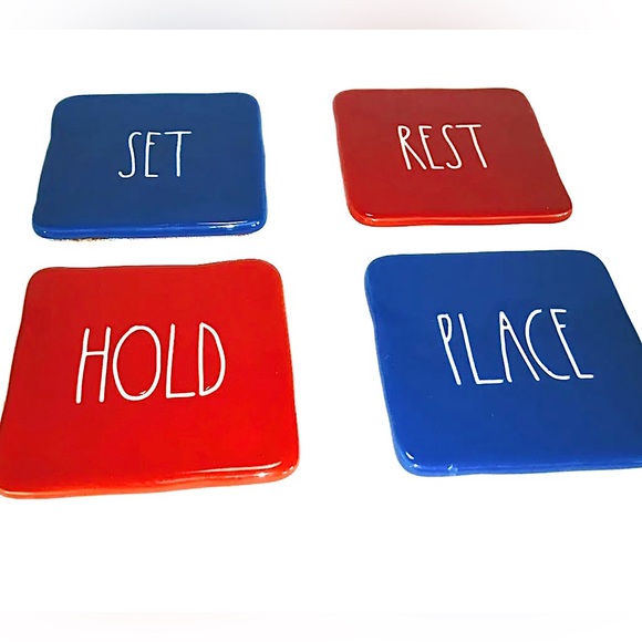 RAE DUNN REST/SET/HOLD/PLACE red/blue ceramic coaster set NIB - Picture 3 of 15